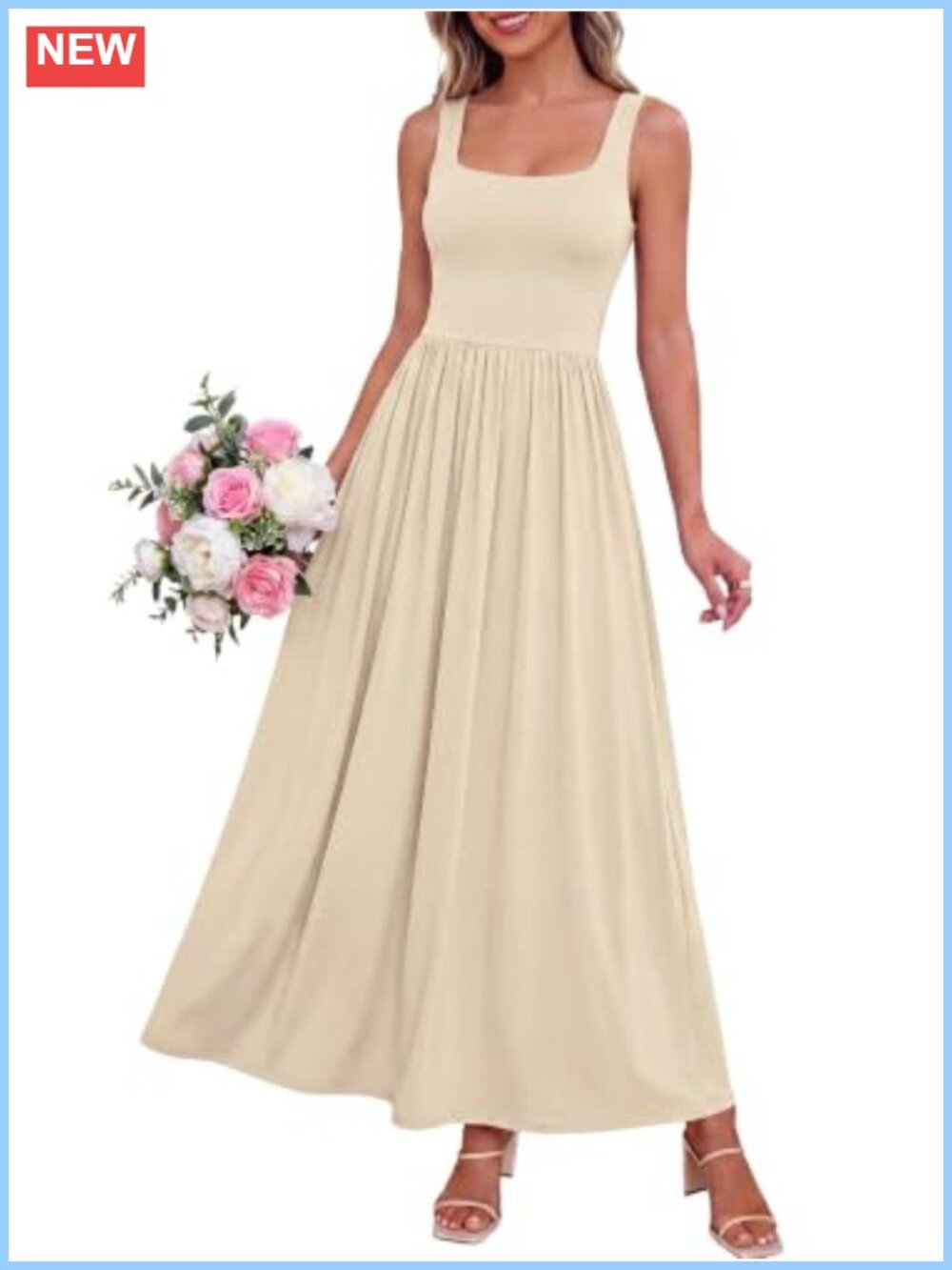 Women's Sleeveless Square Neck Maxi Dress A-Line Flowy Sundress